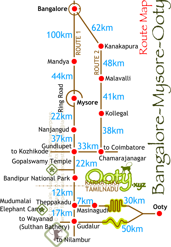 The two major road routes to Ooty from Bangalore:
Route 1: 
Bangalore – Mandya- Mysore – Gundlupet – Bandipur – Theppakkadu – ( via Masinagudi or Gudallur ) – Ooty
Route 2: 
Bangalore – Kanakapura – Chamarajanagar – Gundlupet – Bandipur – Theppakkadu – ( via Masinagudi or Gudallur ) – Ooty

See also <a href=